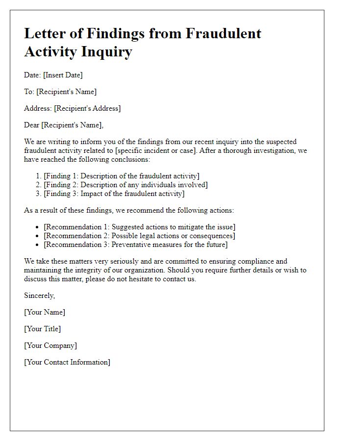 Letter template of findings from the fraudulent activity inquiry