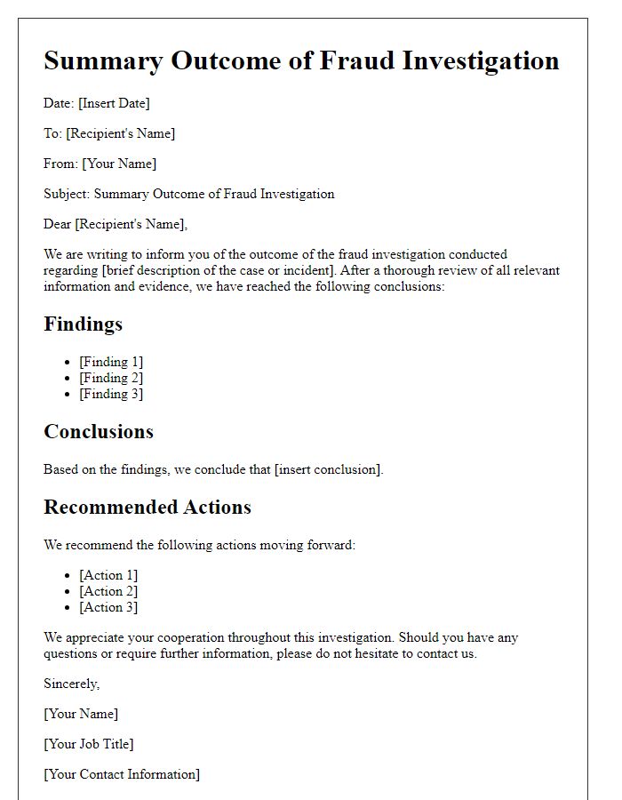 Letter template of summary outcome for fraud investigation