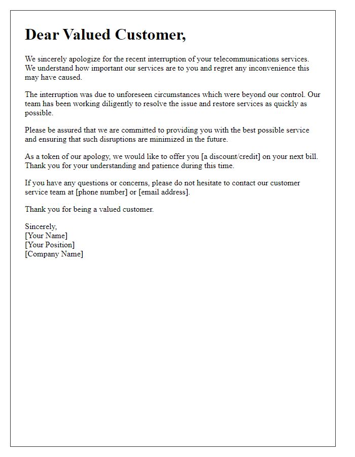 Letter template of service interruption apology for telecommunications