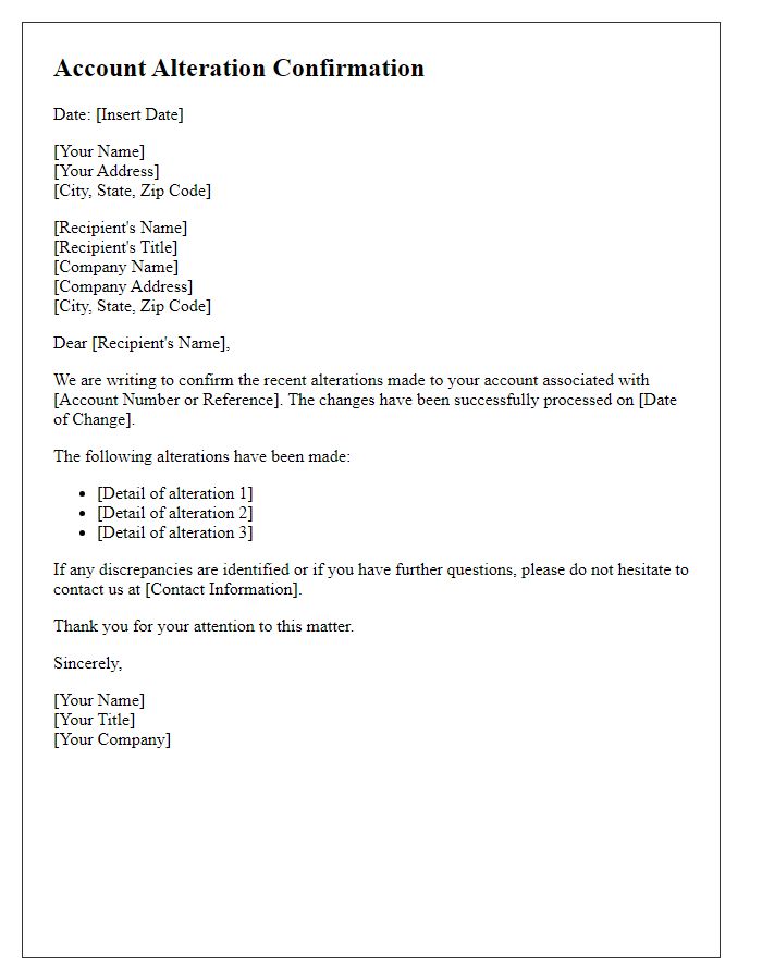 Letter template of account alteration confirmation letter