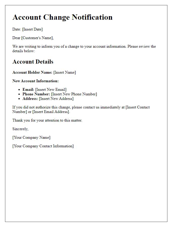 Letter template of account change notification message