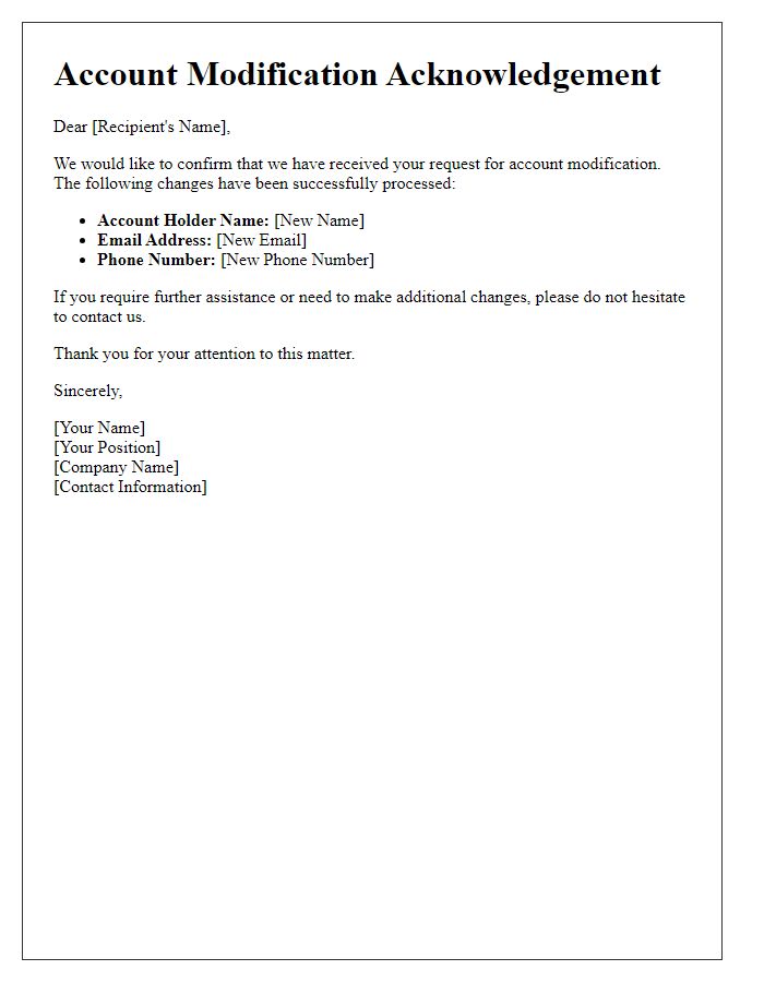 Letter template of account modification acknowledgement email