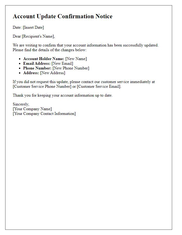 Letter template of account update confirmation notice