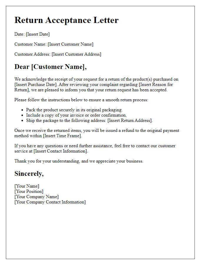 Letter template of purchase return acceptance for customer service complaints.