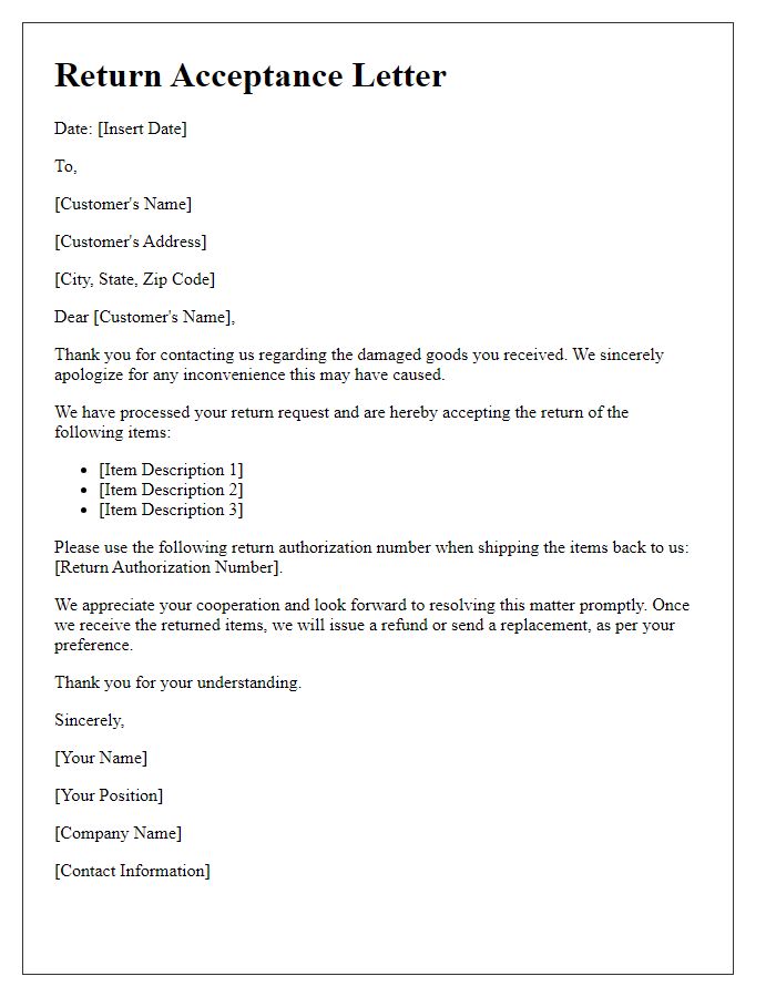 Letter template of purchase return acceptance for damaged goods.