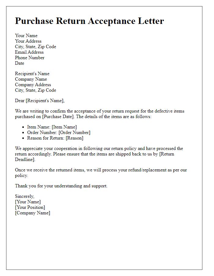 Letter template of purchase return acceptance for defective items.