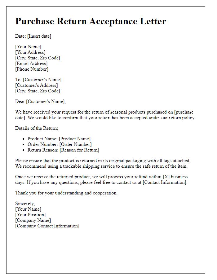 Letter template of purchase return acceptance for seasonal products.