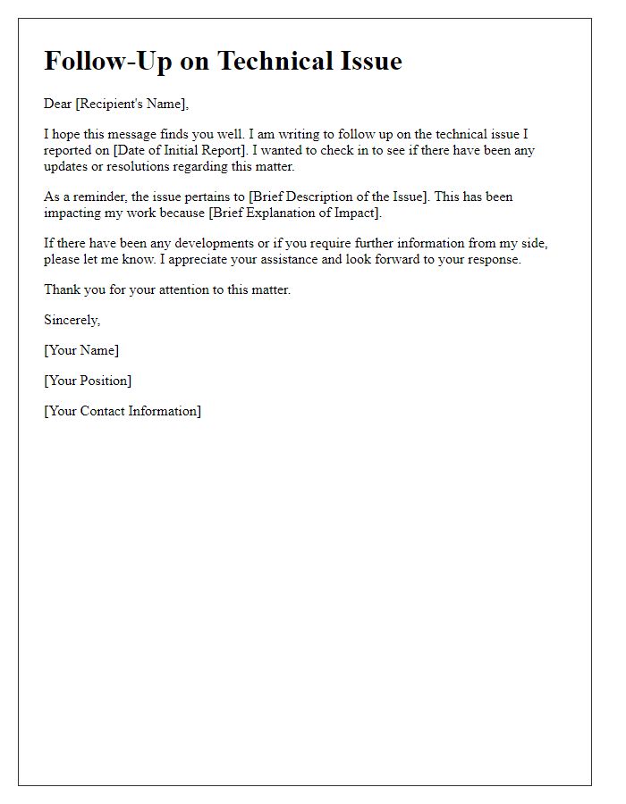 Letter template of follow-up correspondence for tech issue
