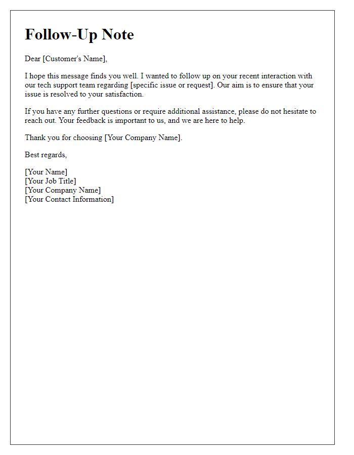 Letter template of follow-up note for customer tech support