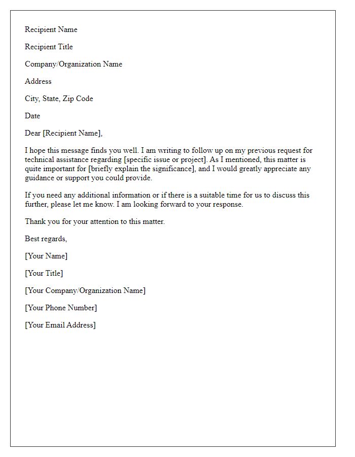 Letter template of follow-up on technical assistance request