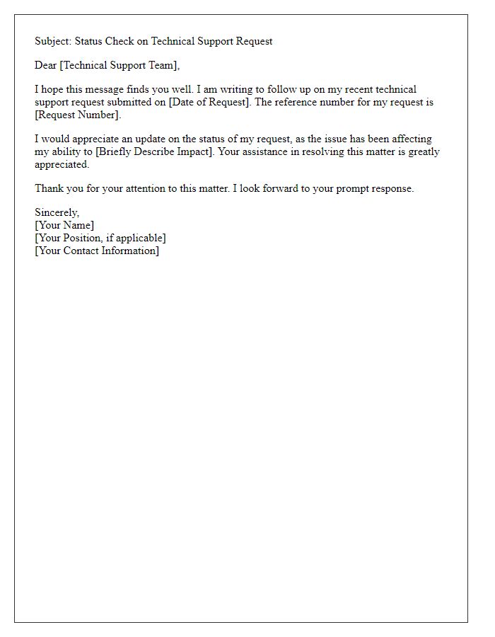 Letter template of status check for technical support request