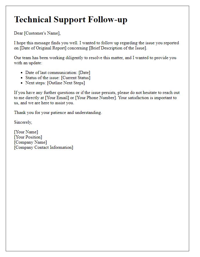 Letter template of technical support follow-up for issue resolution