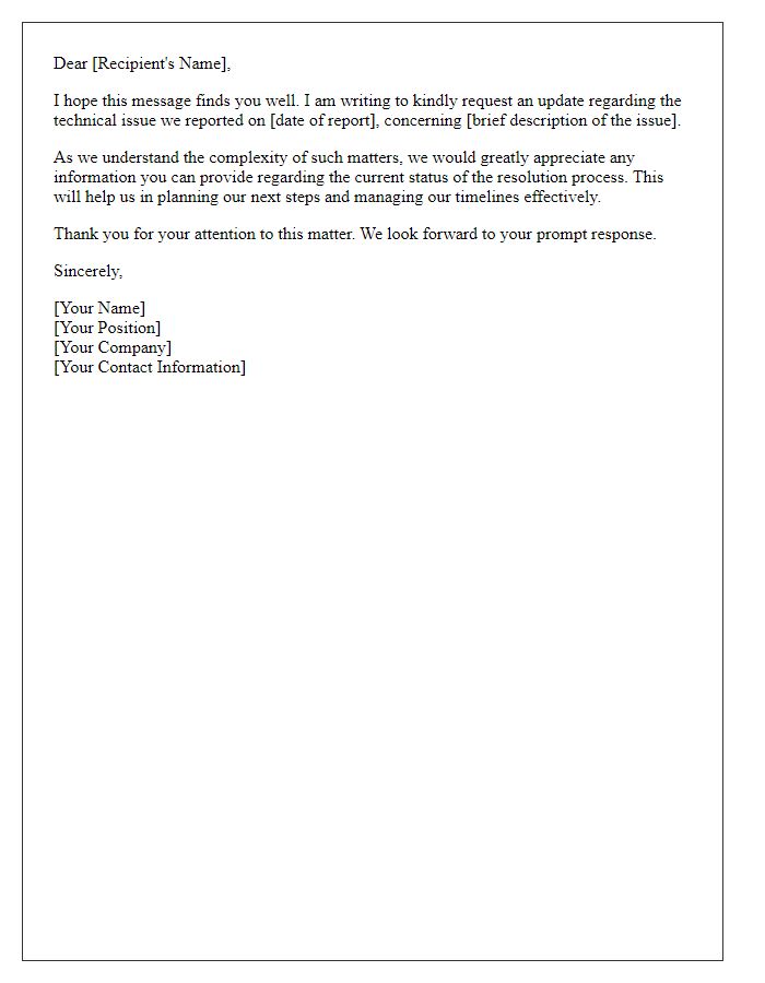 Letter template of update request for technical issue resolution