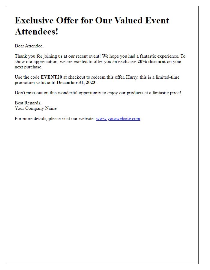 Letter template of brief promotional offer announcement for event attendees