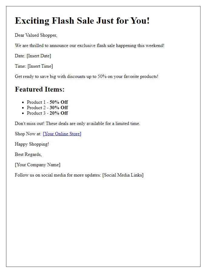 Letter template of flash sale offer announcement for online shoppers