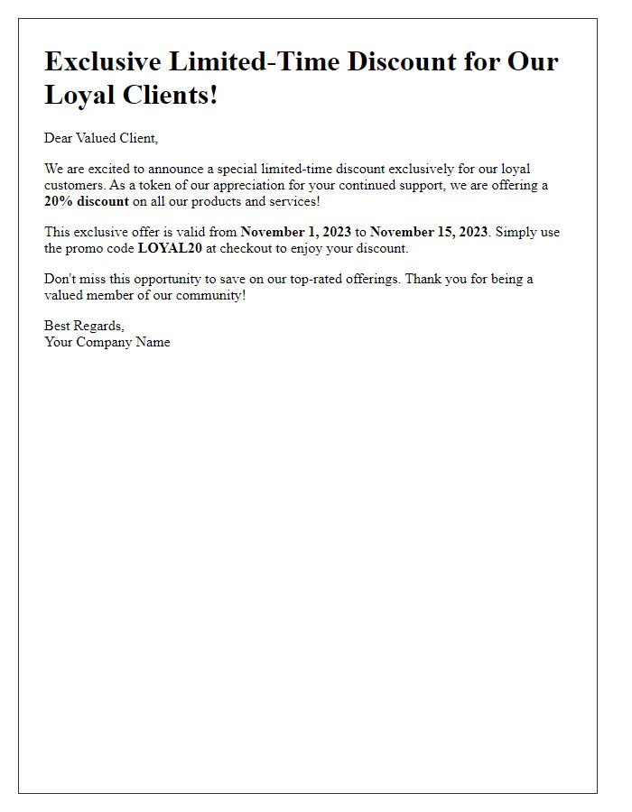 Letter template of limited-time discount offer announcement for loyal clients