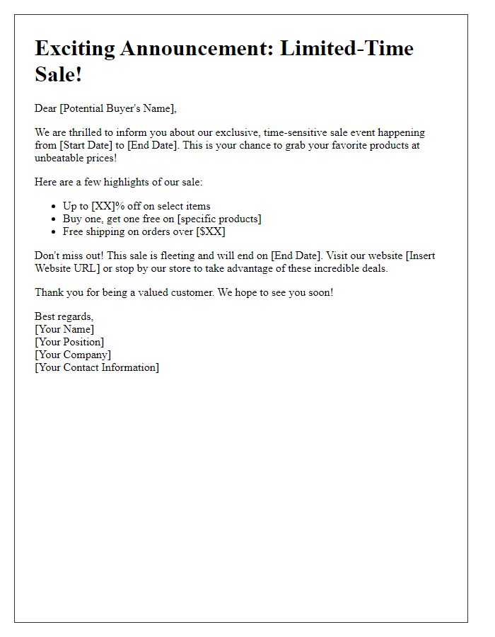 Letter template of time-sensitive sale announcement for potential buyers