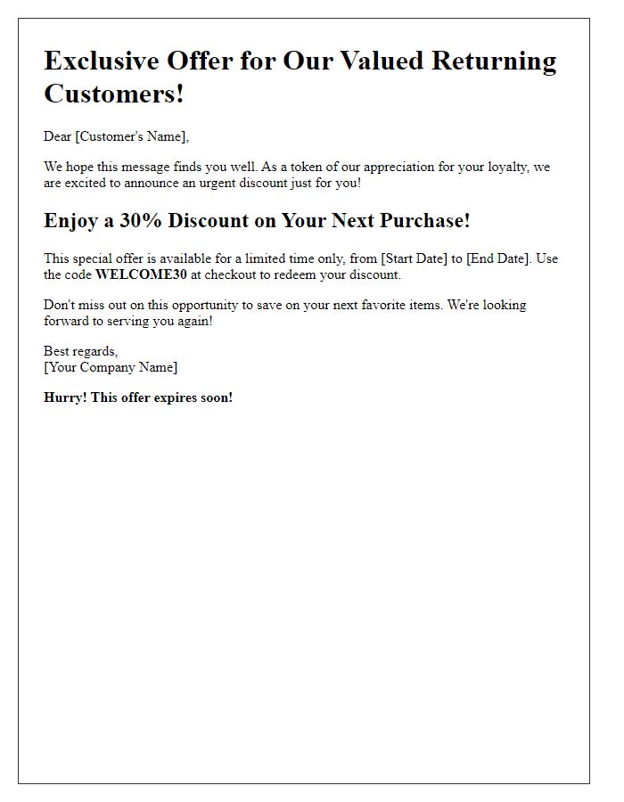 Letter template of urgent discount announcement for returning customers