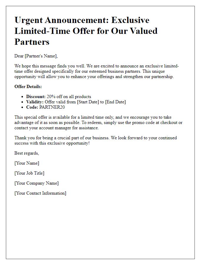 Letter template of urgent limited-time offer announcement for business partners