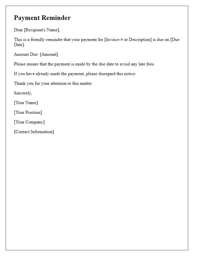 Letter template of upcoming payment reminder