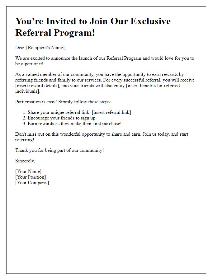 Letter template of engagement invitation for our referral program