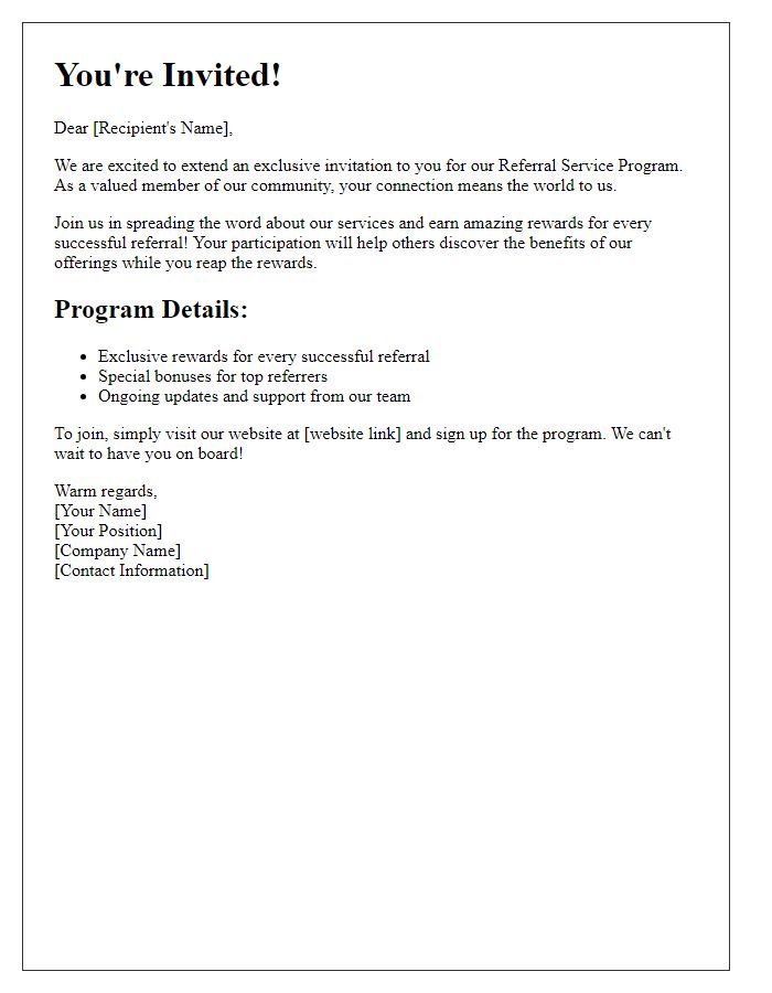 Letter template of exclusive invite for our referral service program