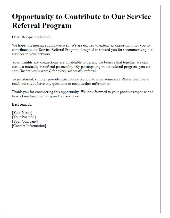 Letter template of opportunity to contribute to our service referral program