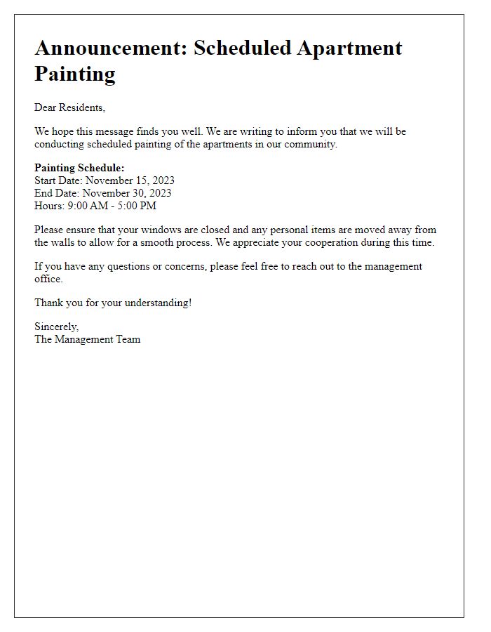 Letter template of announcement for scheduled apartment painting.