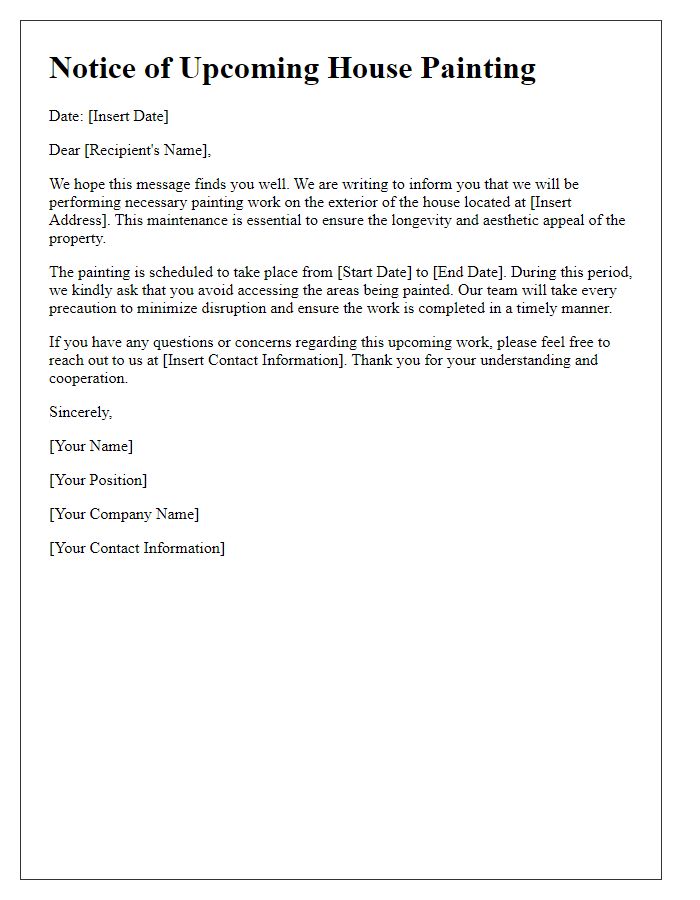 Letter template of communication about necessary house painting.