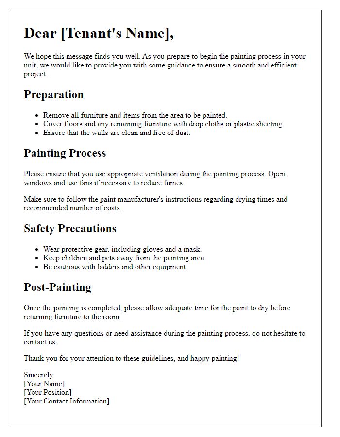 Letter template of guidance for tenant during painting process.