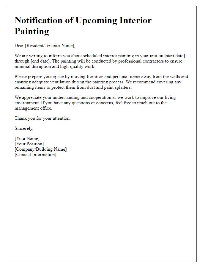 Letter template of notification for upcoming interior painting.