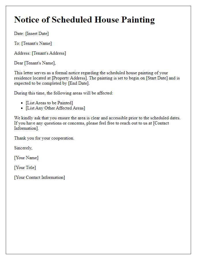 Letter template of tenant notice for scheduled house painting.