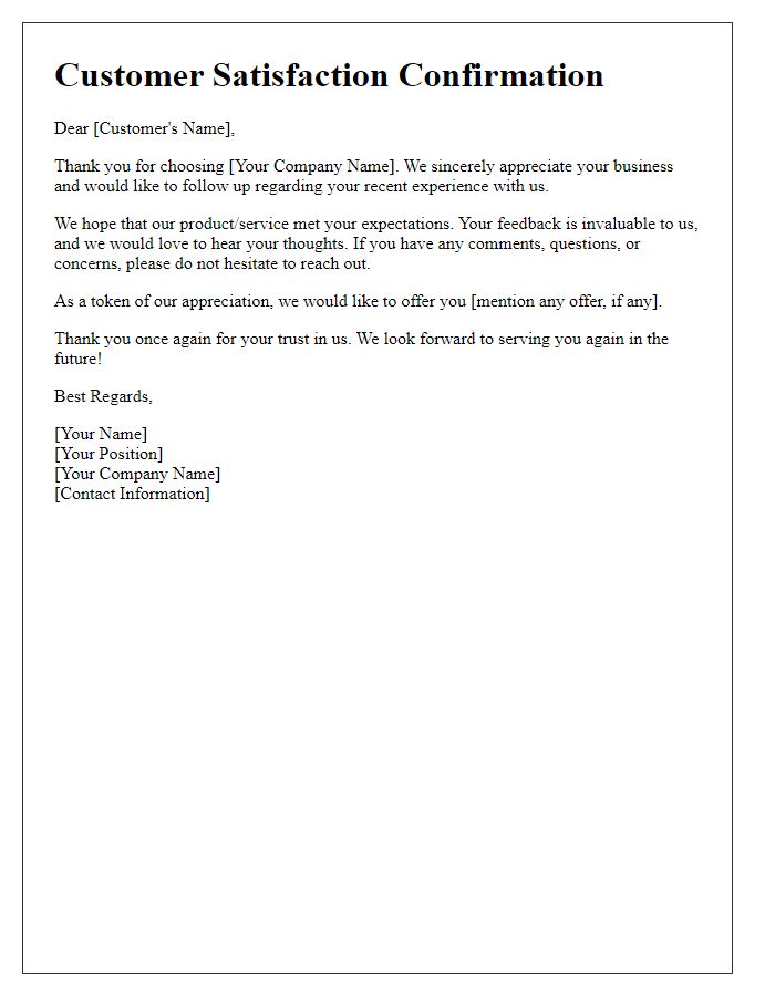 Letter template of customer satisfaction confirmation follow-up.