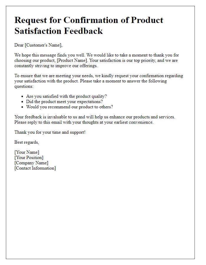 Letter template of request for confirmation of product satisfaction feedback.