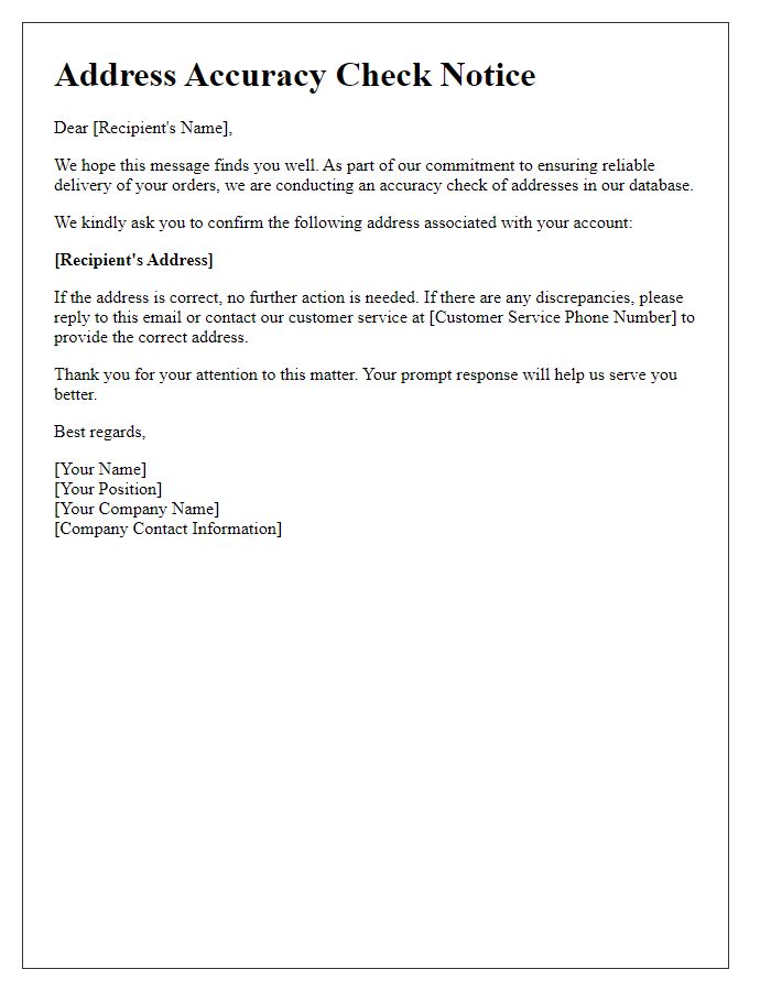 Letter template of address accuracy check for delivery.