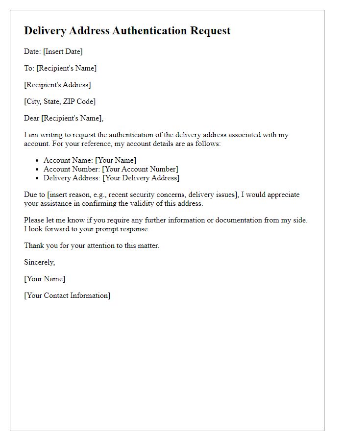 Letter template of delivery address authentication request.