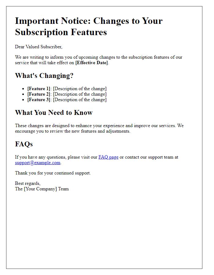 Letter template of advisory regarding subscription feature changes