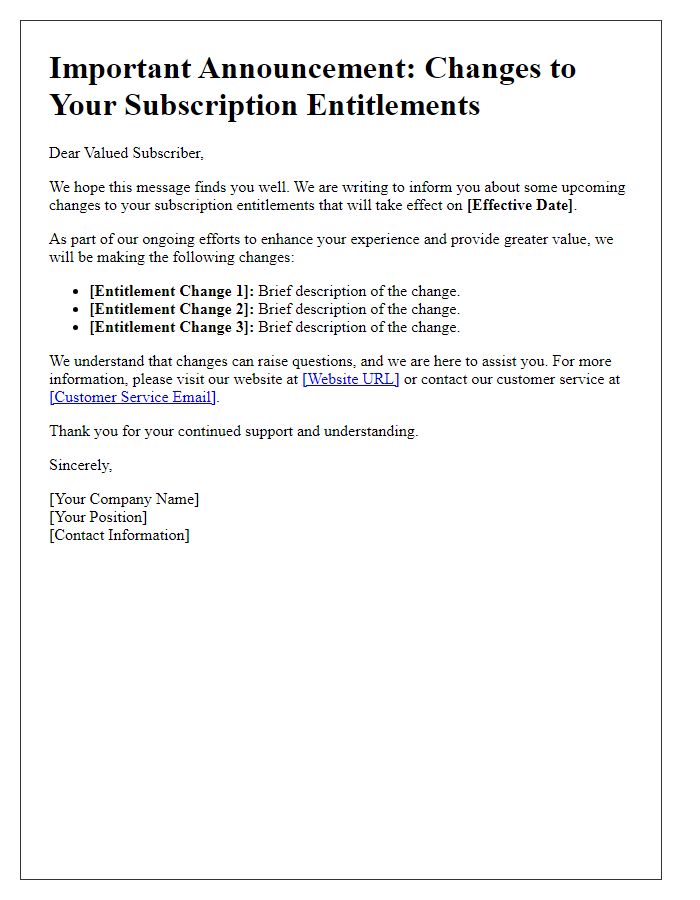 Letter template of announcement for changes to subscription entitlements