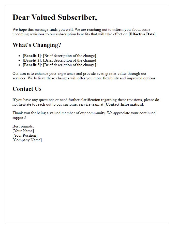 Letter template of communication on subscription benefits revisions