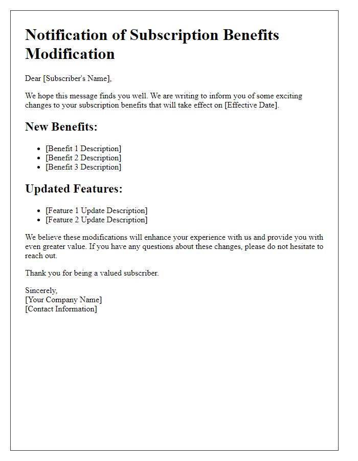 Letter template of notification about subscription benefits modification