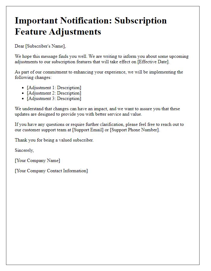 Letter template of notification regarding subscription feature adjustments