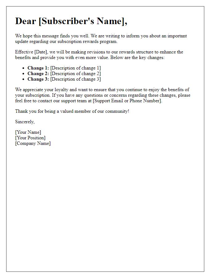 Letter template of revision in subscription rewards information
