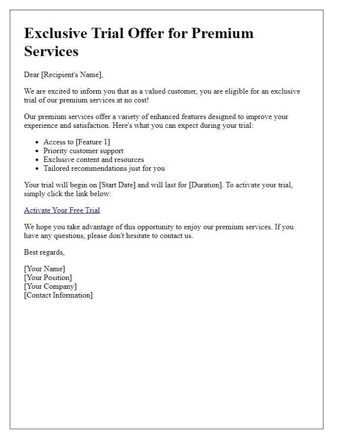 Letter template of complimentary premium service trial offer