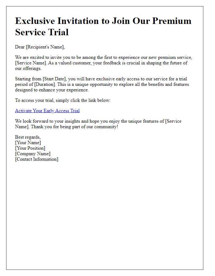 Letter template of early access invitation for premium service trial