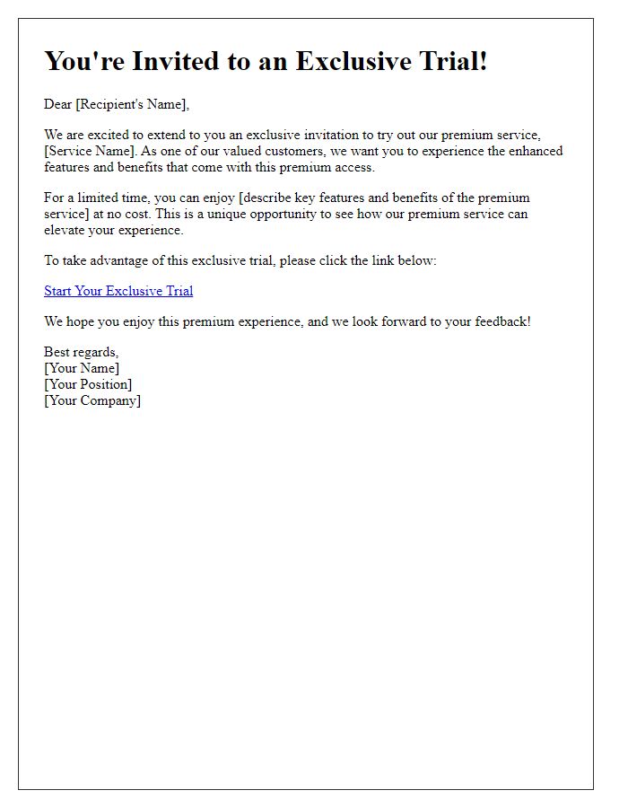 Letter template of exclusive trial invitation for premium service access