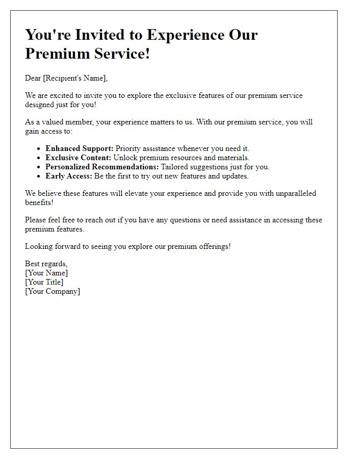 Letter template of personalized invitation to explore premium service features