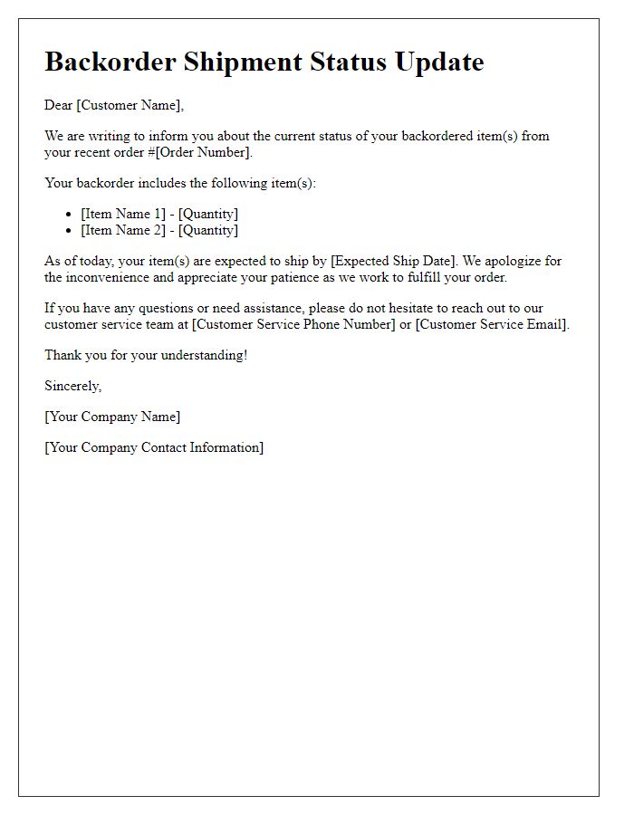 Letter template of backorder shipment status update