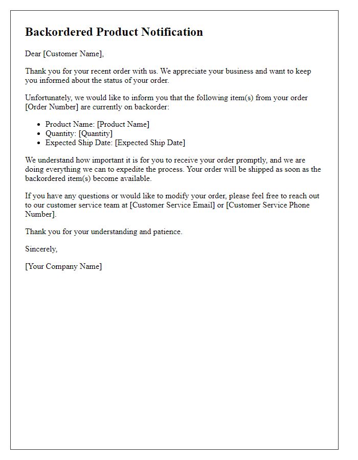 Letter template of backordered product notification to customer