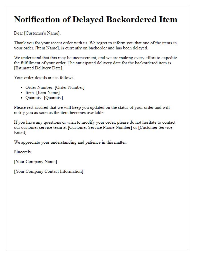Letter template of information on delayed backordered item