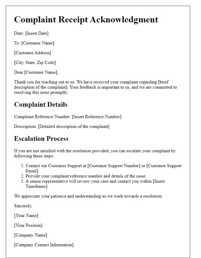 Letter template of complaint receipt and escalation process